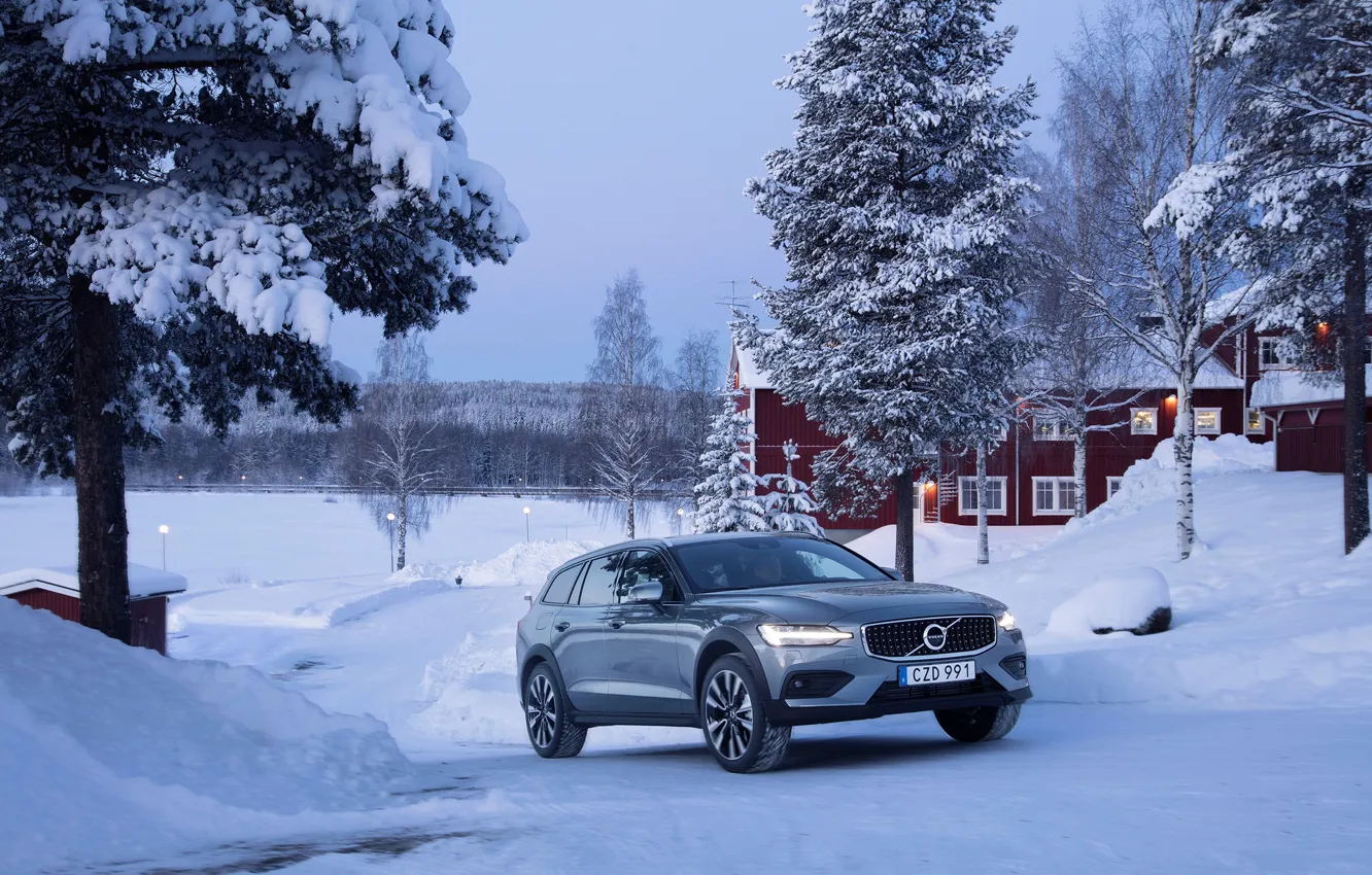 Photo wallpaper winter, auto, snow, tree, Volvo, V60