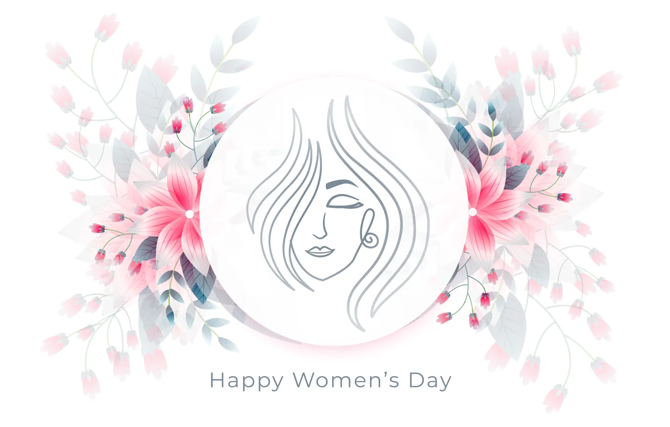 Photo wallpaper international women's day, circles, figures, graphics, flowers, closed eyes, hair, symbol