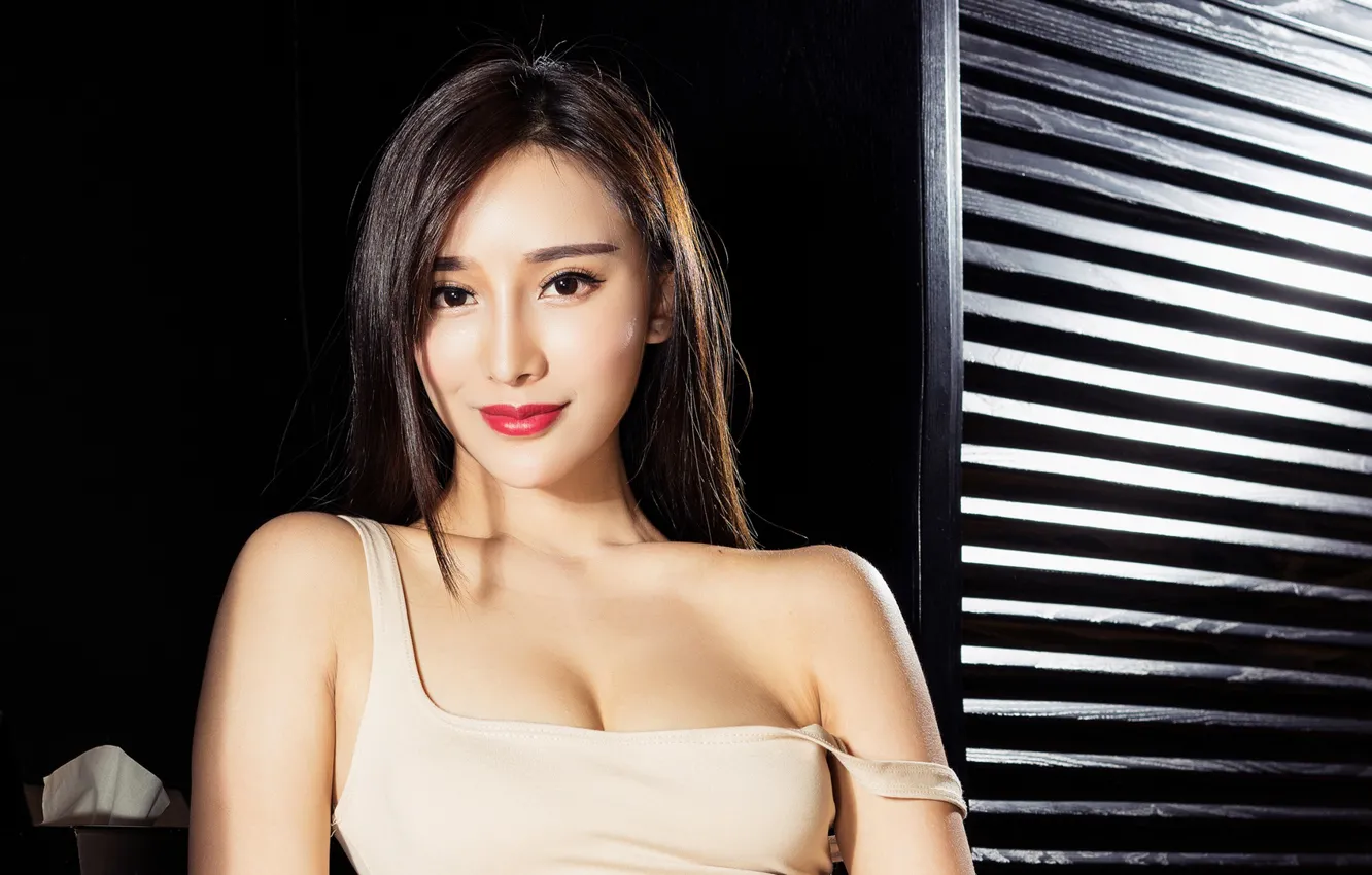 Photo wallpaper girl, cleavage, long hair, dress, breast, photo, model, lips