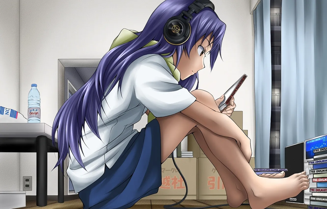 Photo wallpaper room, box, headphones, drives, on the floor, idolmaster, Kisaragi Chihaya