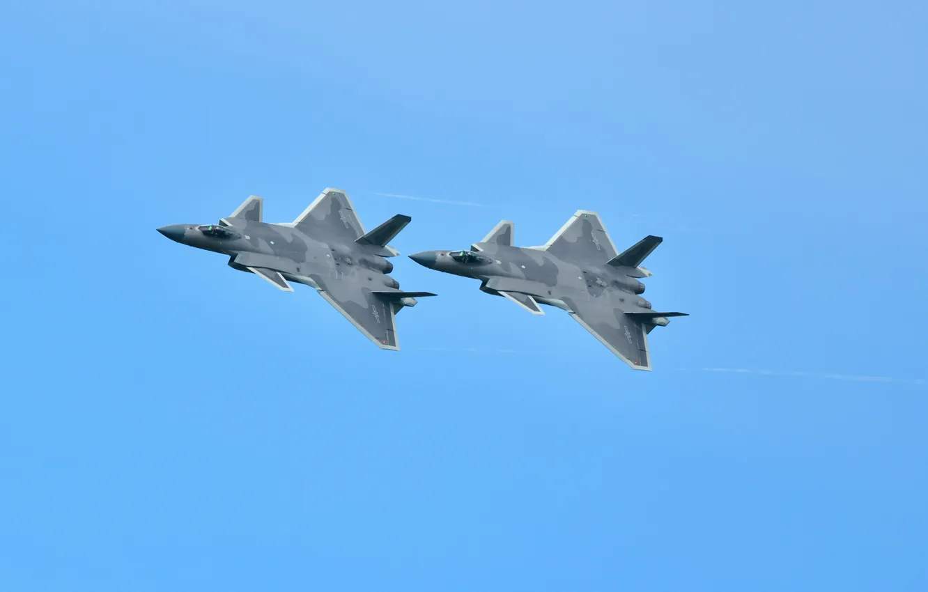 Photo wallpaper sky, aircraft, flying, military, Chengdu J-20, simple background, military aircraft, PLAAF