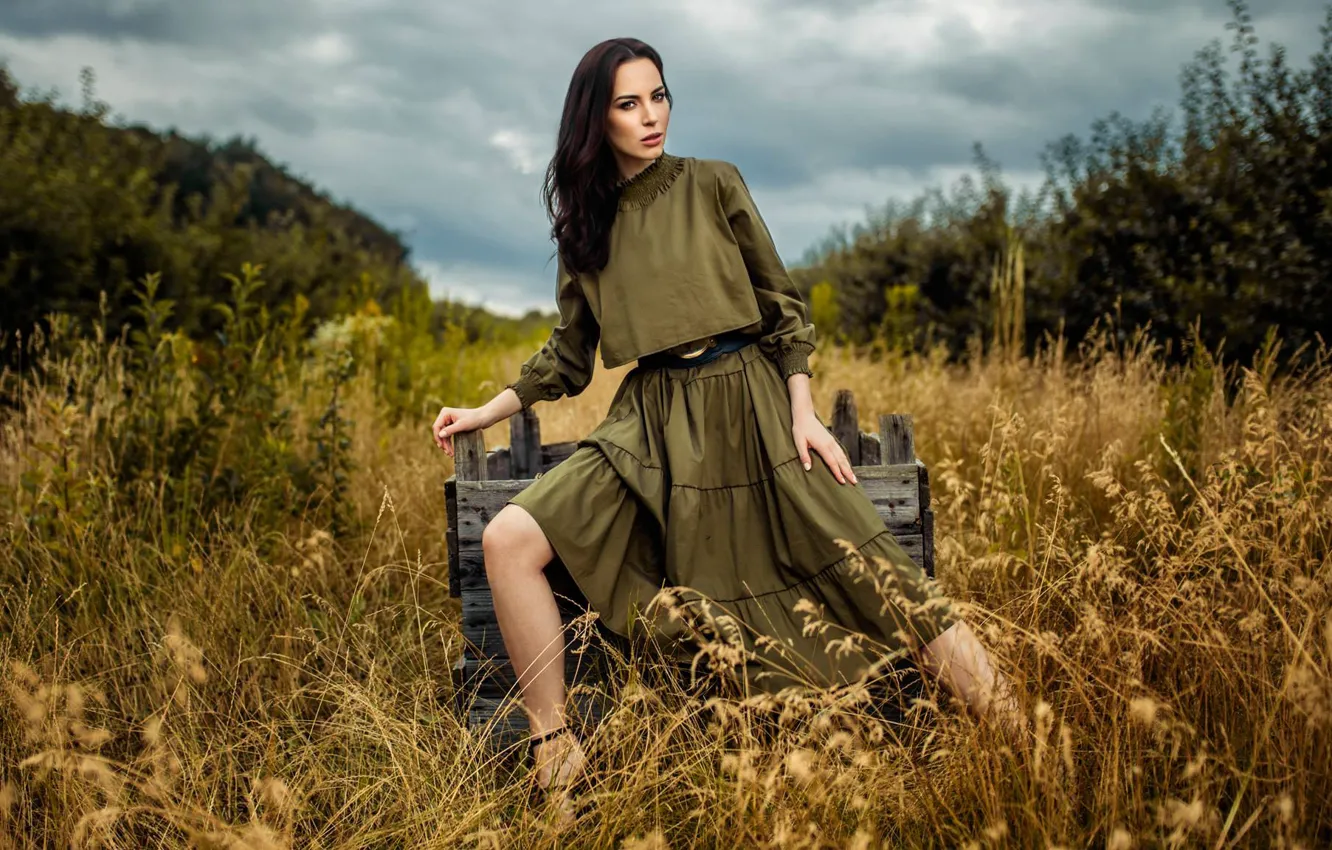 Photo wallpaper grass, girl, pose, the bushes, Damian Feather, Ursula Święcicka