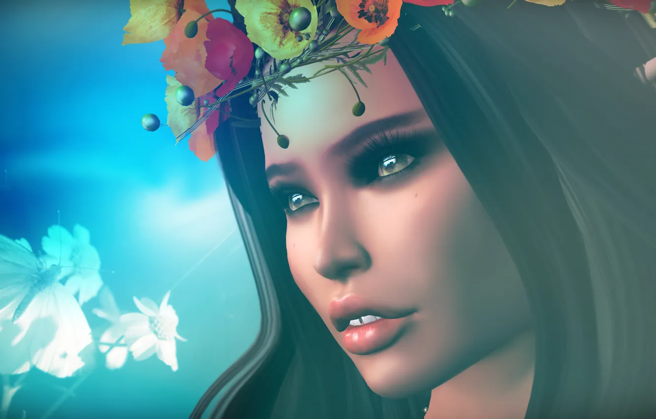 Photo wallpaper eyes, girl, flowers, face, background, hair, profile