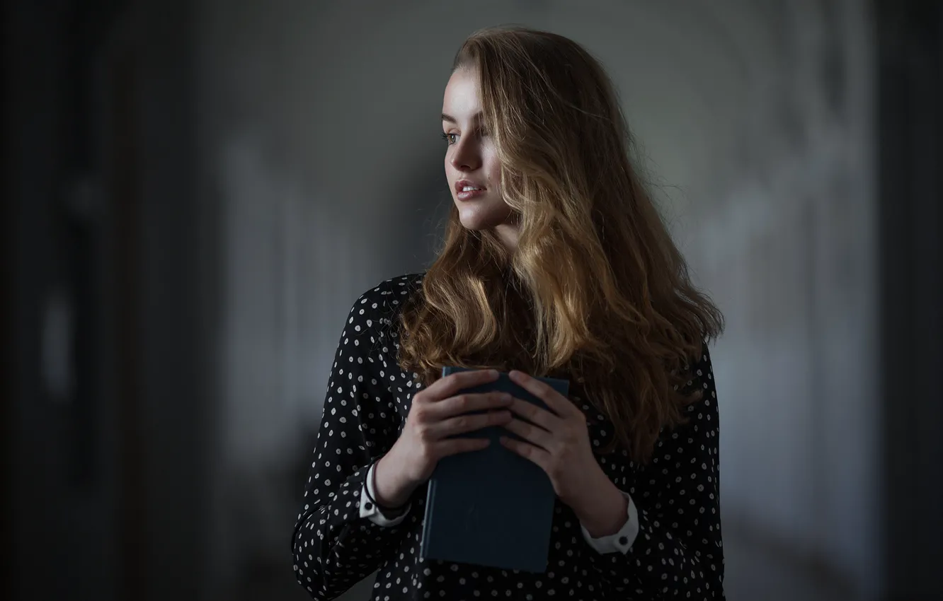 Photo wallpaper look, girl, sweetheart, model, portrait, dress, book, brown hair