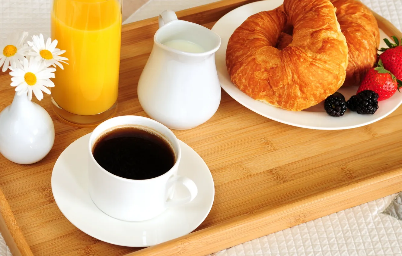 Photo wallpaper flowers, glass, berries, coffee, food, chamomile, Breakfast, milk