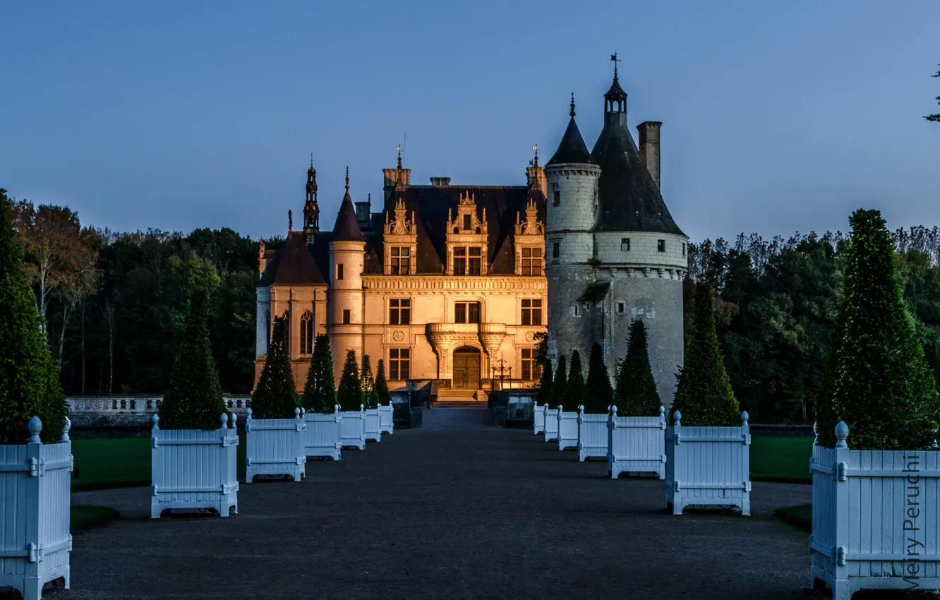 Photo wallpaper trees, design, castle, lawn, France, the evening, garden, Chateau de Chenonceau