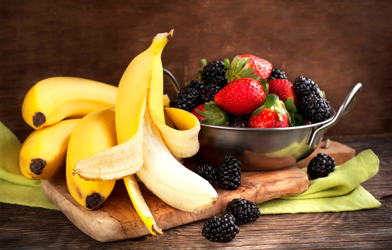 Photo wallpaper berries, strawberry, bananas, dishes, fruit, BlackBerry
