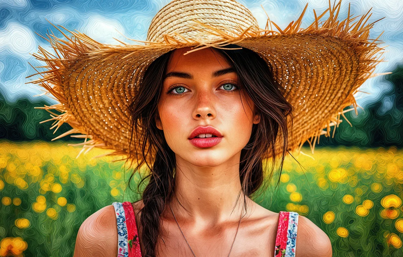 Photo wallpaper summer, look, girl, flowers, pose, portrait, hat, braid