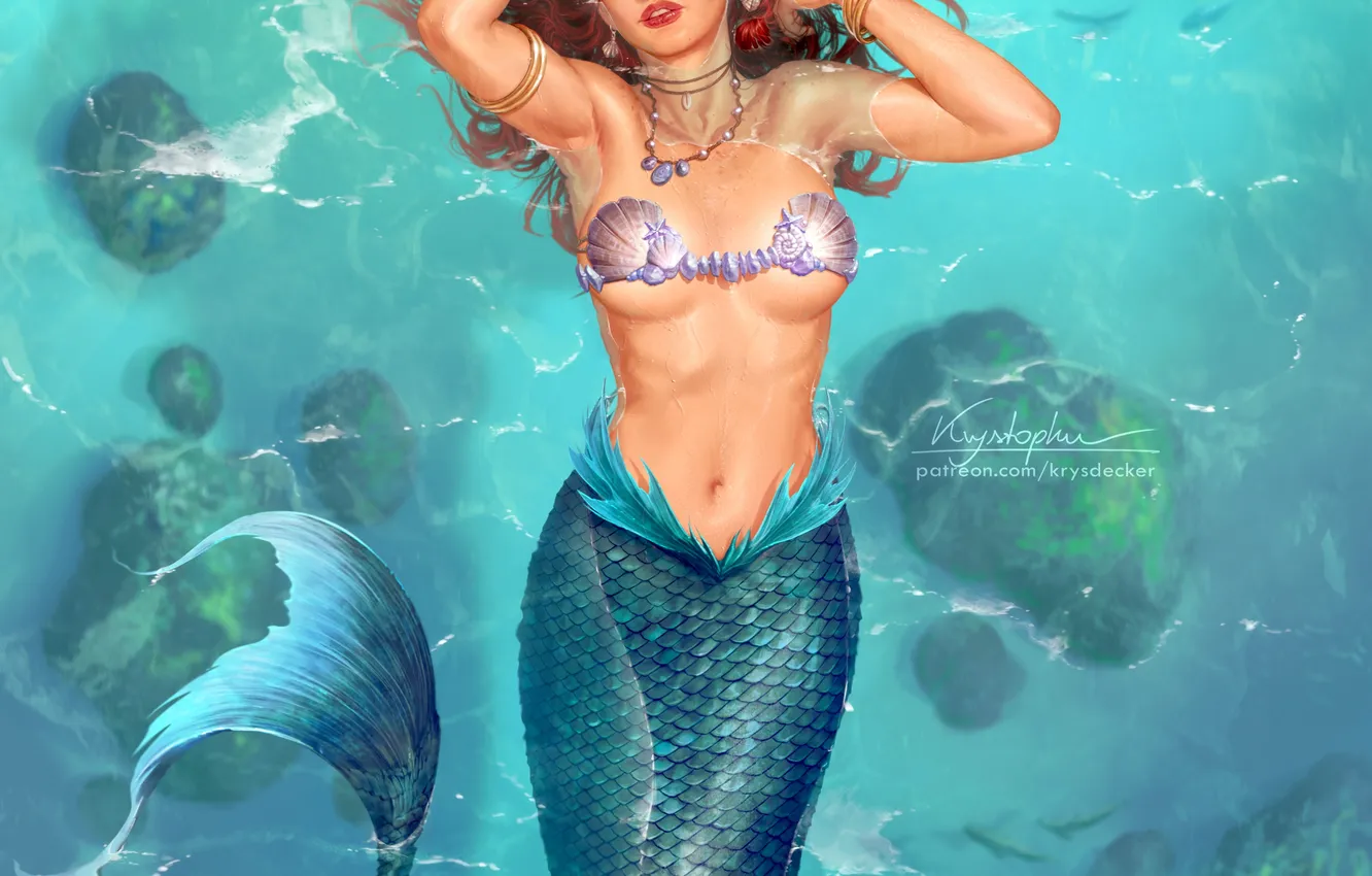 Photo wallpaper girl, fantasy, sea, water, blue eyes, redhead, digital art, artwork