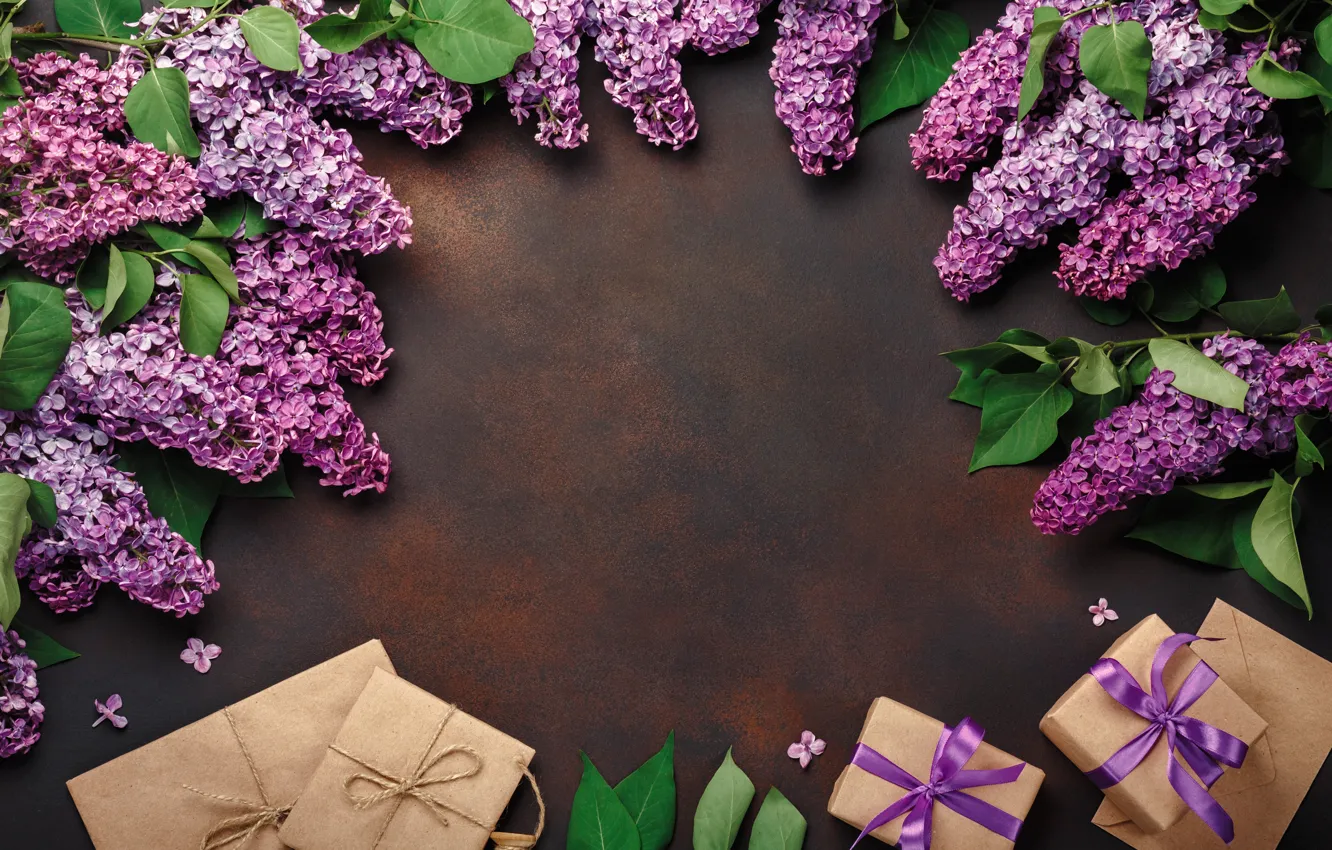 Photo wallpaper flowers, gift, wood, flowers, lilac, lilac, frame, gift box