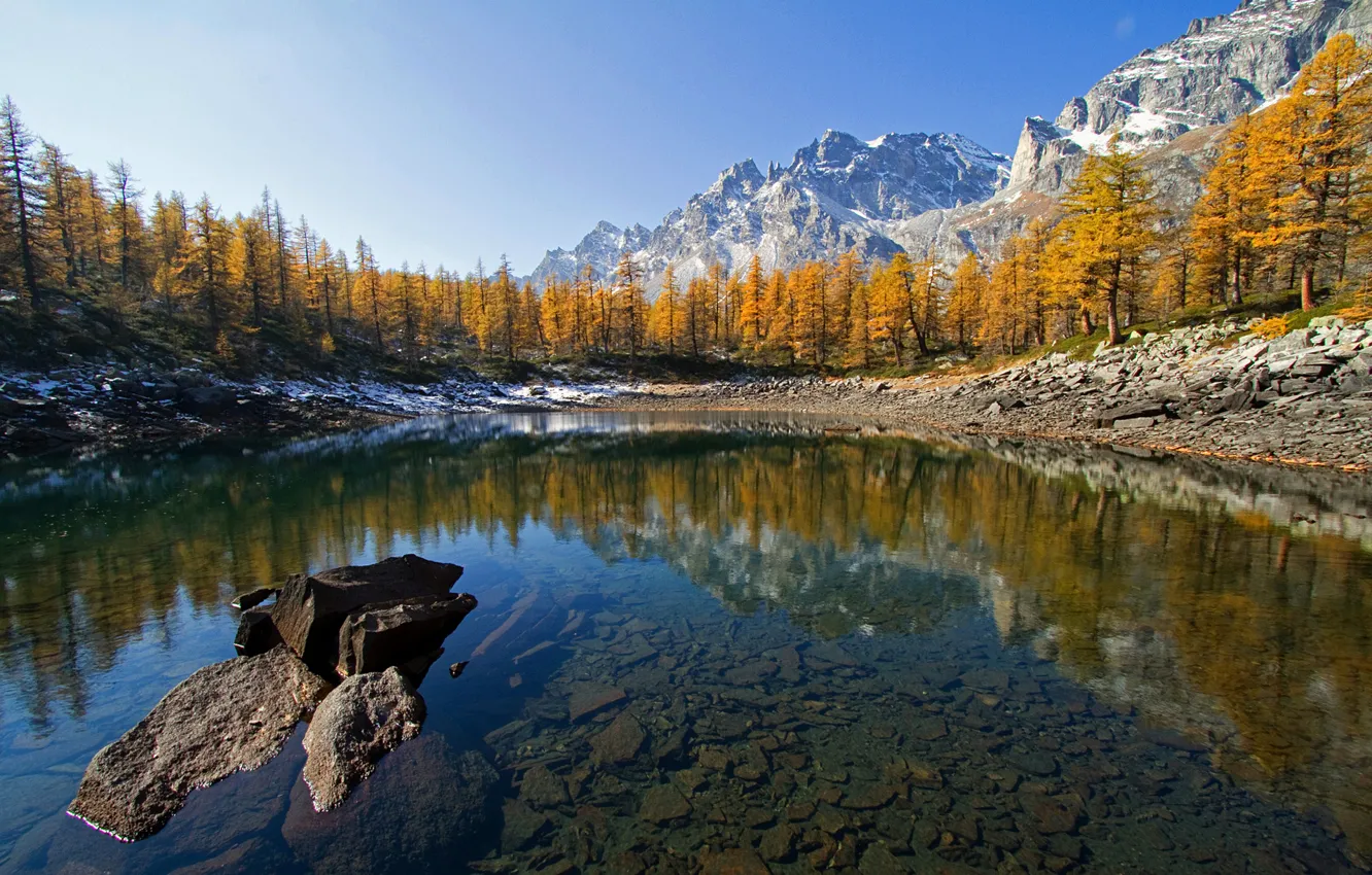 Photo wallpaper autumn, the sky, snow, trees, mountains, lake, stones