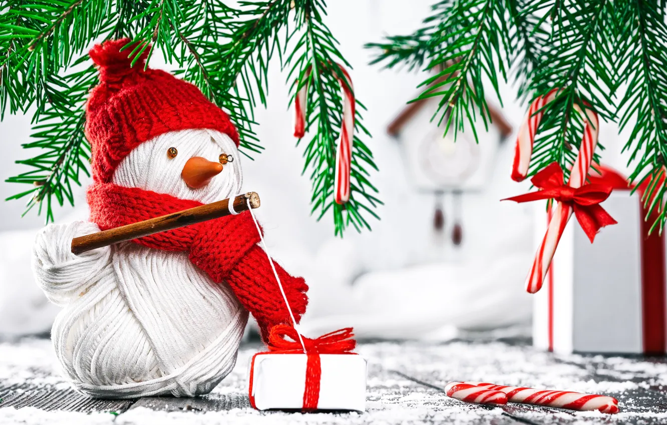 Photo wallpaper branches, background, gift, new year, spruce, snowman, box, gift