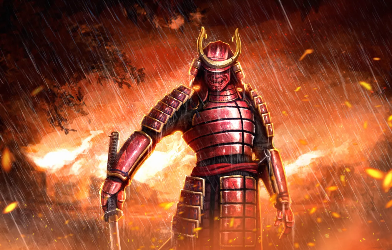 Photo wallpaper rain, fire, sword, katana, mask, samurai, armor