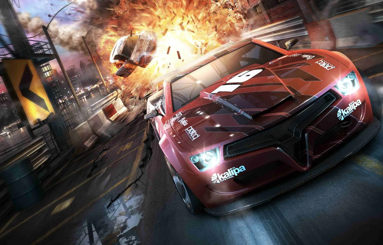 Photo wallpaper the explosion, speed, Split/Second, red car, Drive