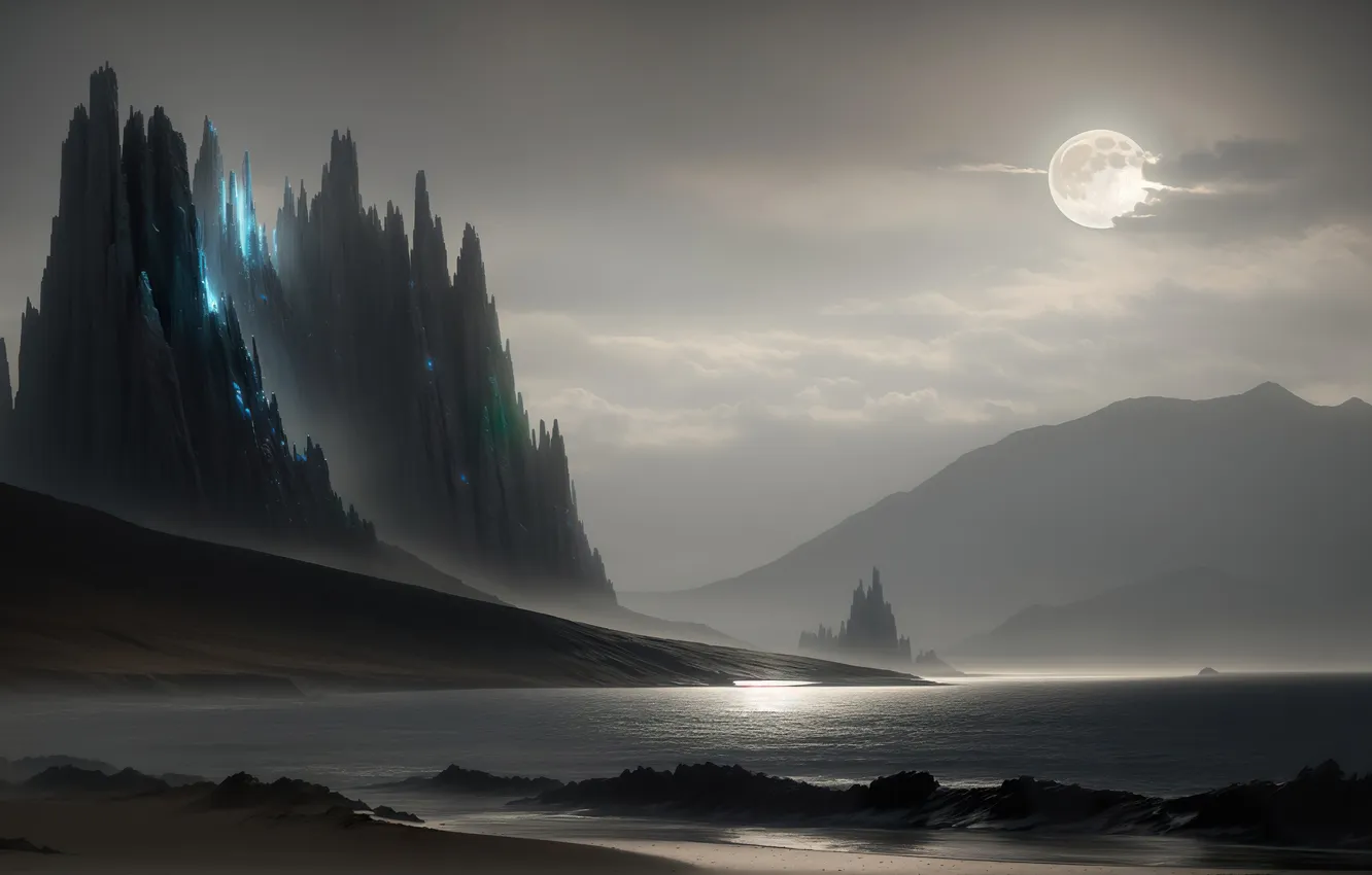 Photo wallpaper mountains, the moon, coast, twilight, digital art, art work Razor127, unusual glow, AI ART