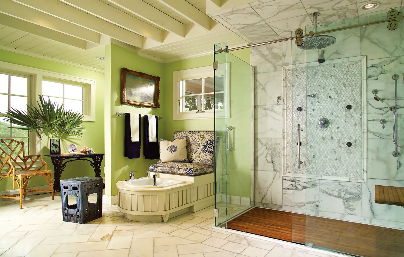 Photo wallpaper Palma, towel, chair, window, shower, bathroom, table