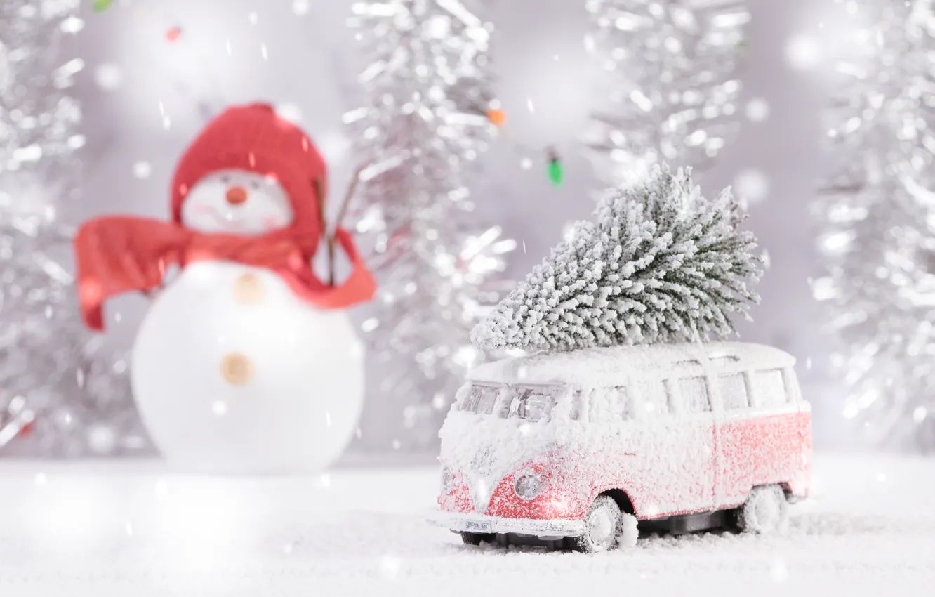 Photo wallpaper winter, frost, road, machine, snow, toy, new year, Christmas