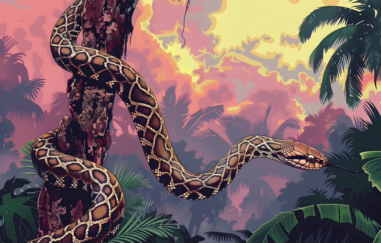 Photo wallpaper trees, palm trees, animal, snake, art, reptile, digital art, imitation painting