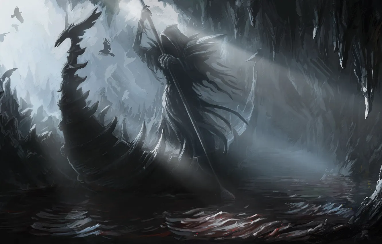 Photo wallpaper river, rocks, bird, boat, art, crows, crossing, Haron