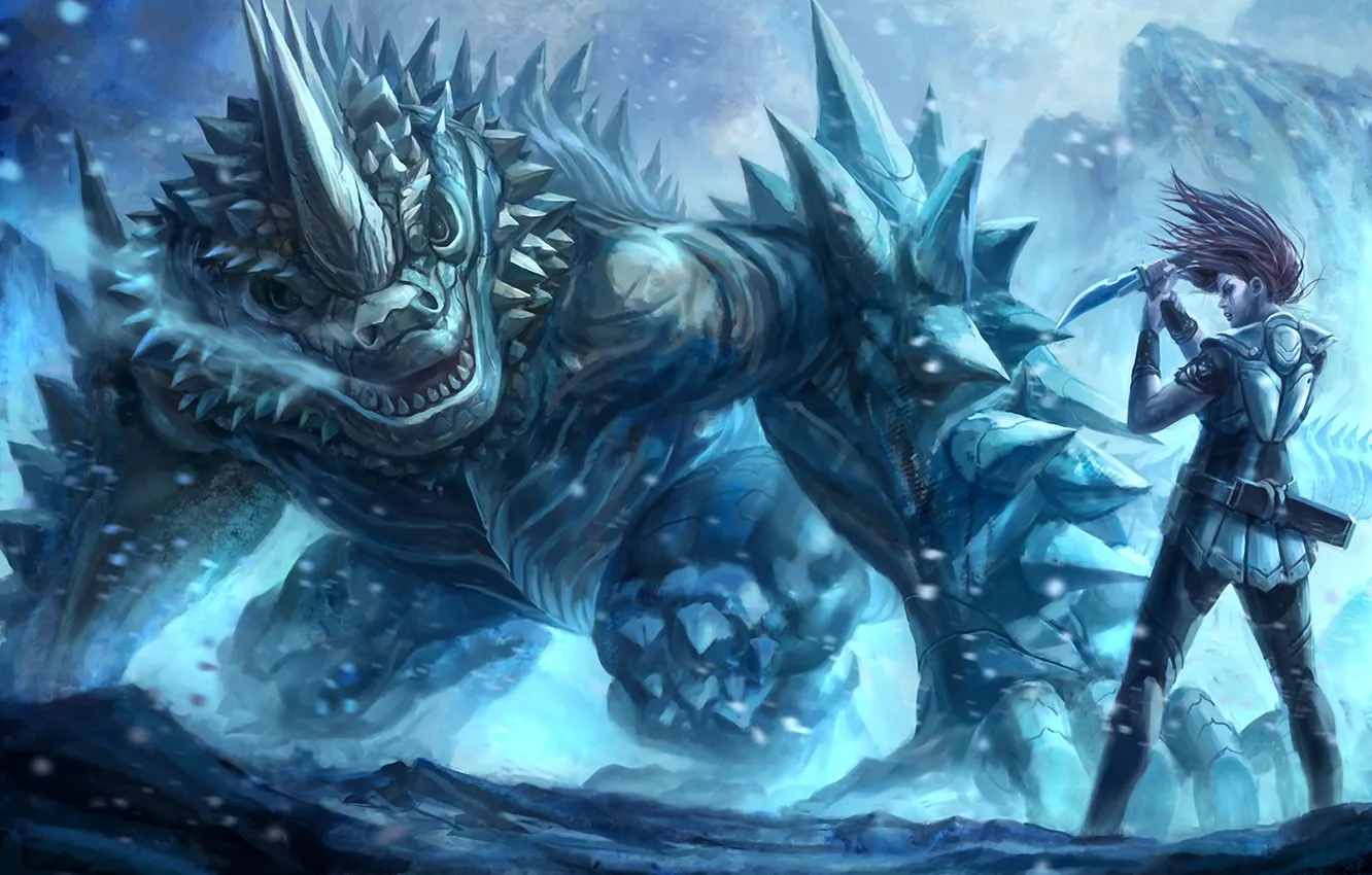 Photo wallpaper armor, woman, blue, mountains, knife, cold, creature, Gigantic