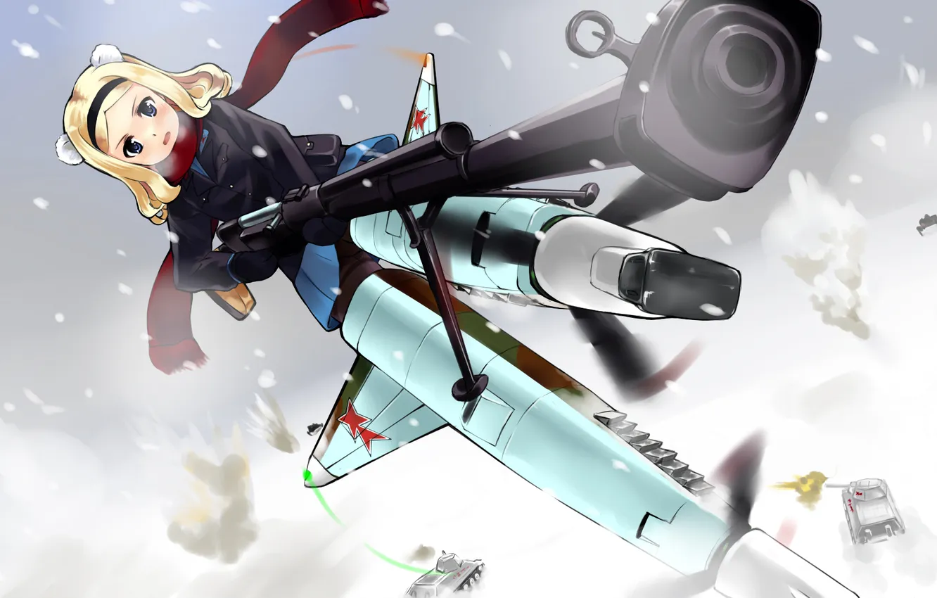 Photo wallpaper field, girl, flies, tanks, propellers, anti-tank rifle