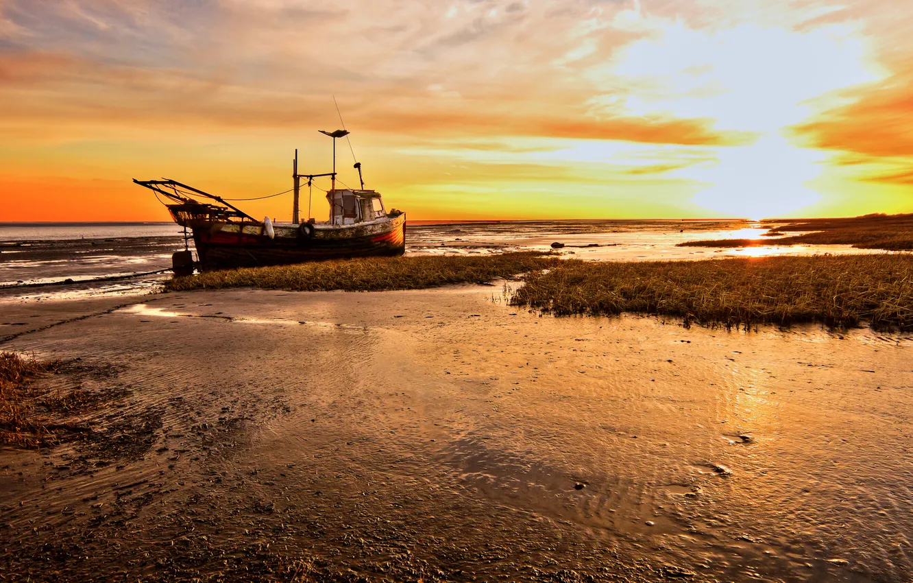 Photo wallpaper sunset, river, shore, ship