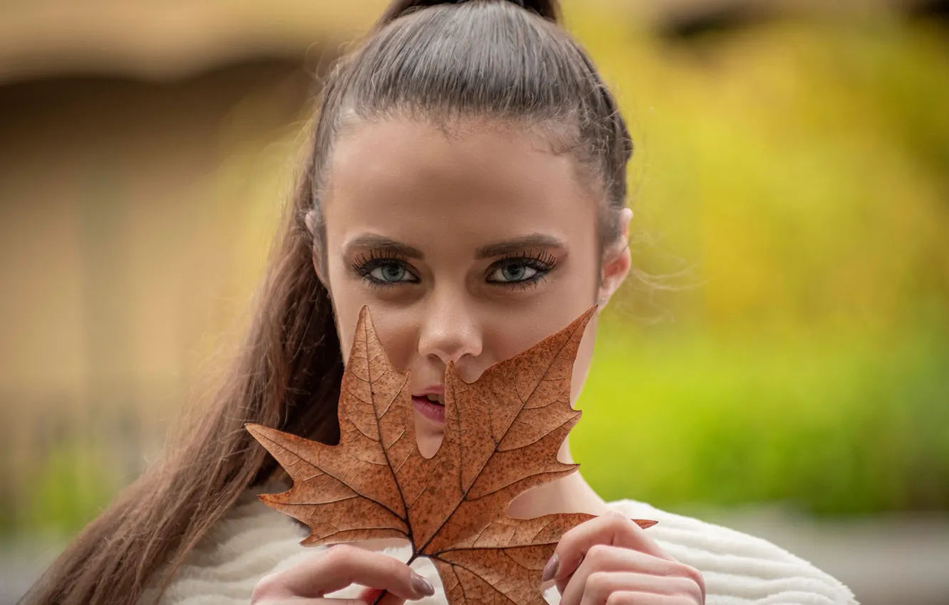 Photo wallpaper eyes, look, girl, face, portrait, maple leaf, long hair