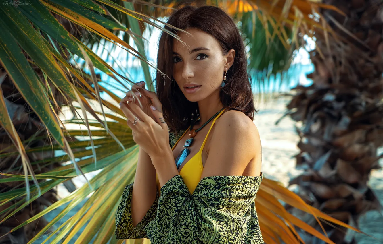 Photo wallpaper sand, sea, beach, summer, girl, sexy, palm trees, Wallpaper