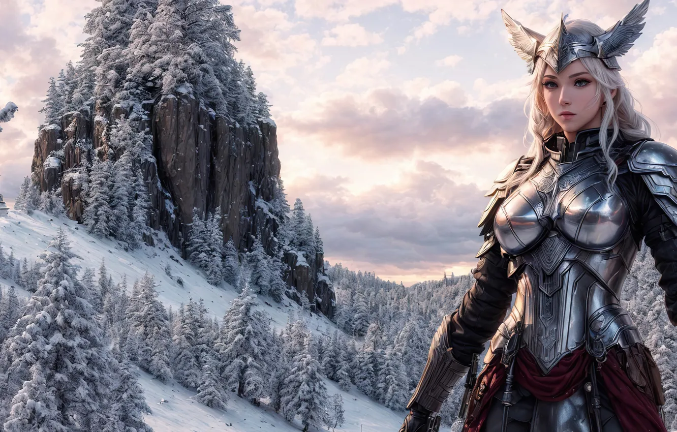 Photo wallpaper winter, forest, the sky, girl, snow, mountains, armor, North