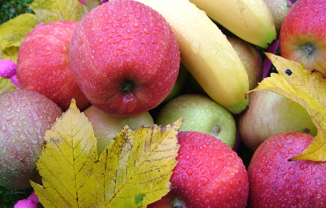 Photo wallpaper leaves, drops, apples, bananas, fruit
