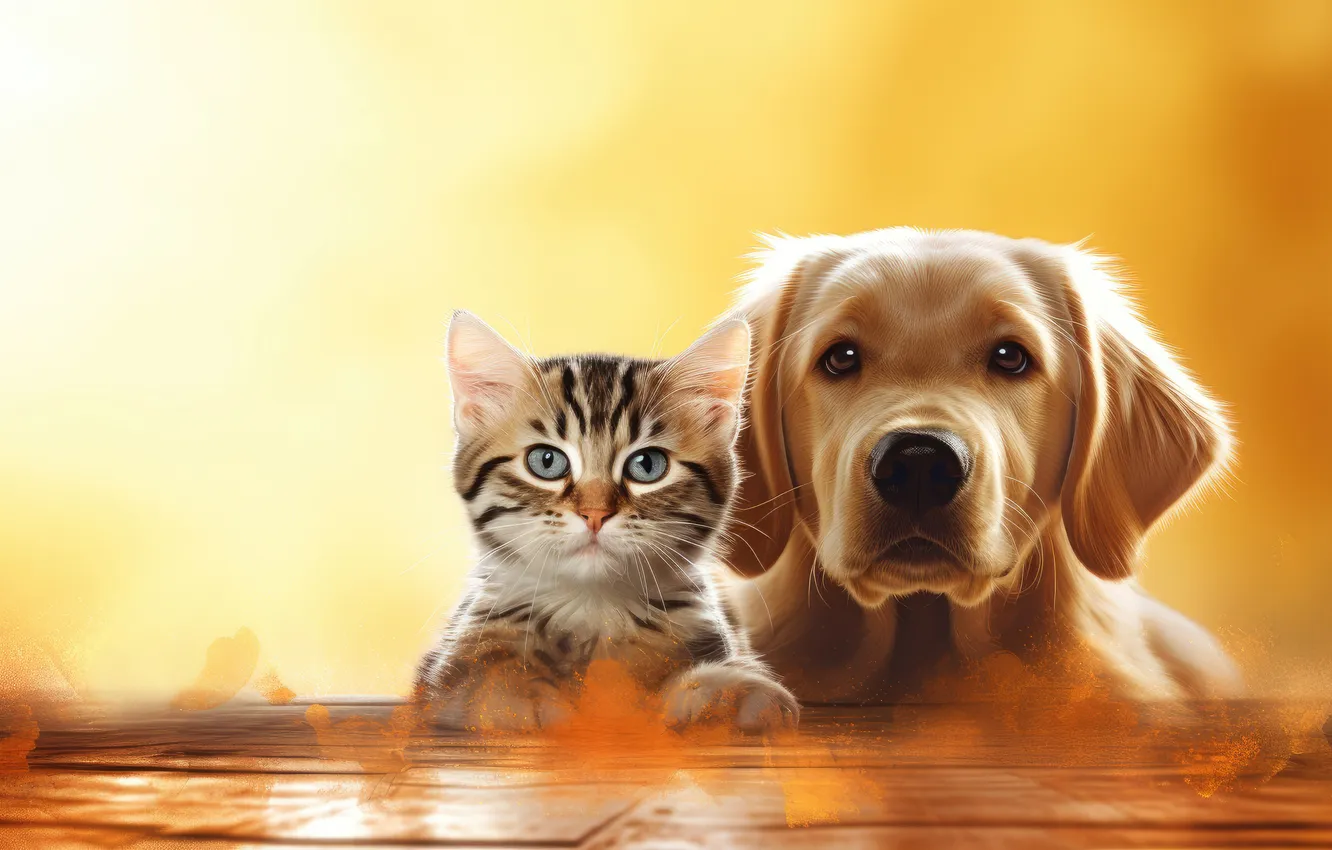 Photo wallpaper cat, look, lights, each, together, Board, portrait, legs