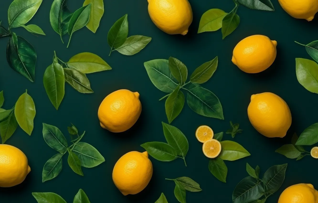 Photo wallpaper leaves, lemon, citrus, green background, slices, AI art, neural network
