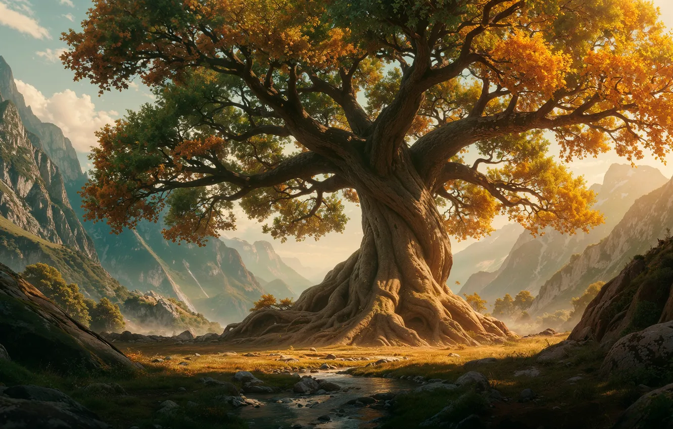 Photo wallpaper autumn, light, trees, landscape, mountains, nature, roots, fog