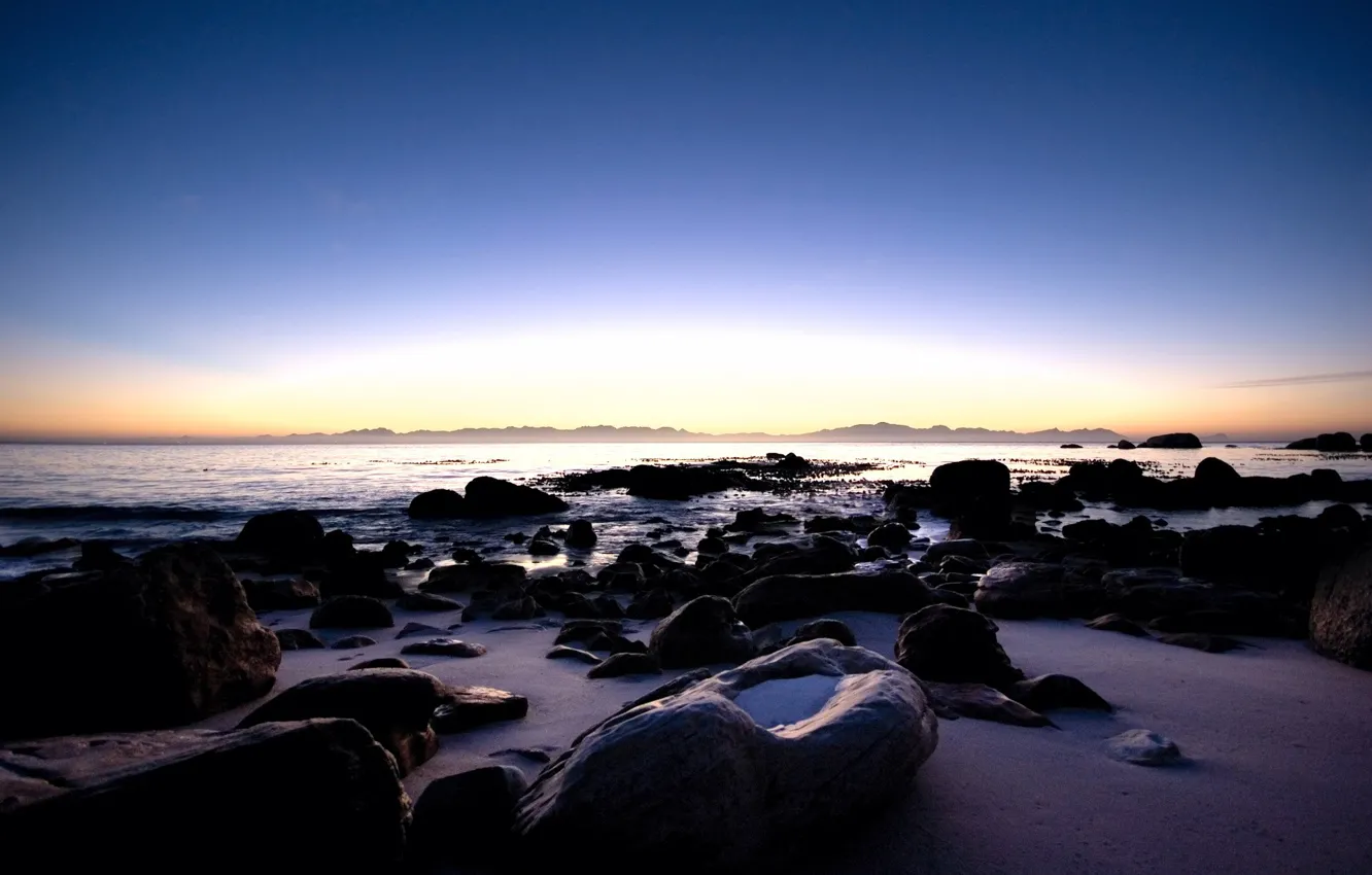 Photo wallpaper sunrise, stones, shore, morning