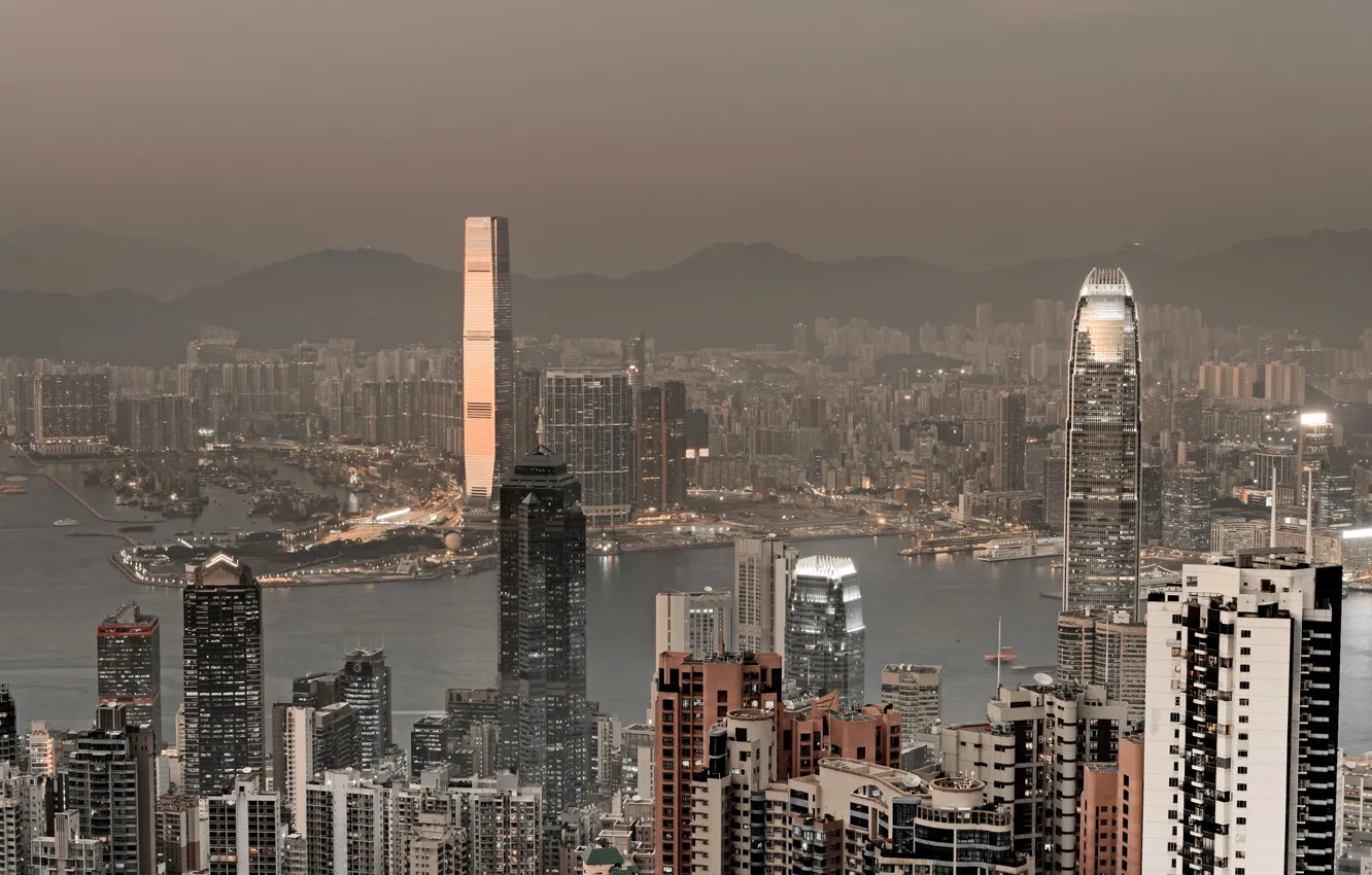Photo wallpaper sea, mountains, Hong Kong, skyscrapers, port, panorama, China, megapolis