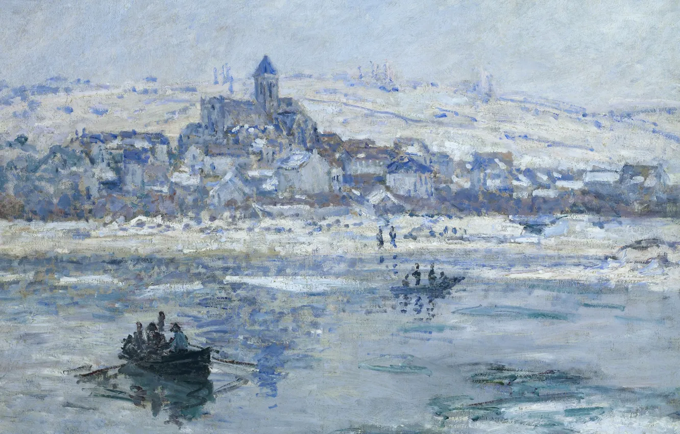 Photo wallpaper landscape, river, boat, picture, Claude Monet, Vétheuil In Winter
