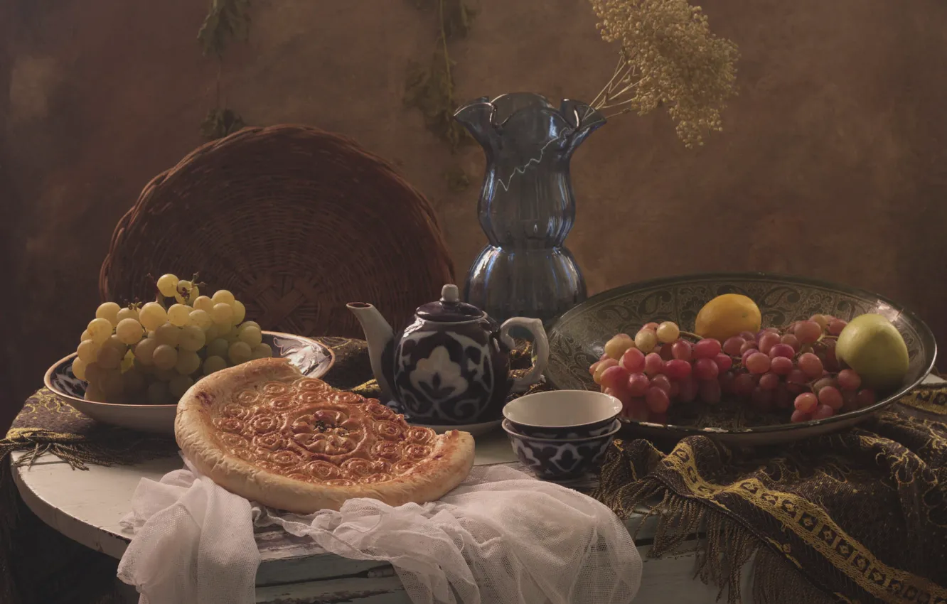 Photo wallpaper table, lemon, tea, basket, apples, kettle, pie, grapes