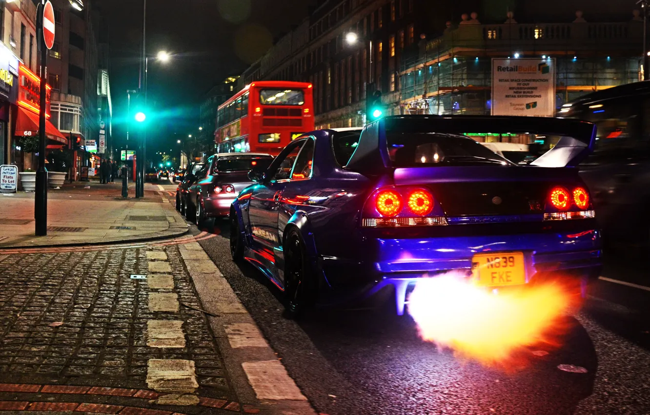 Photo wallpaper fire, Nissan, GT-R, cars, Skyline, London, R33