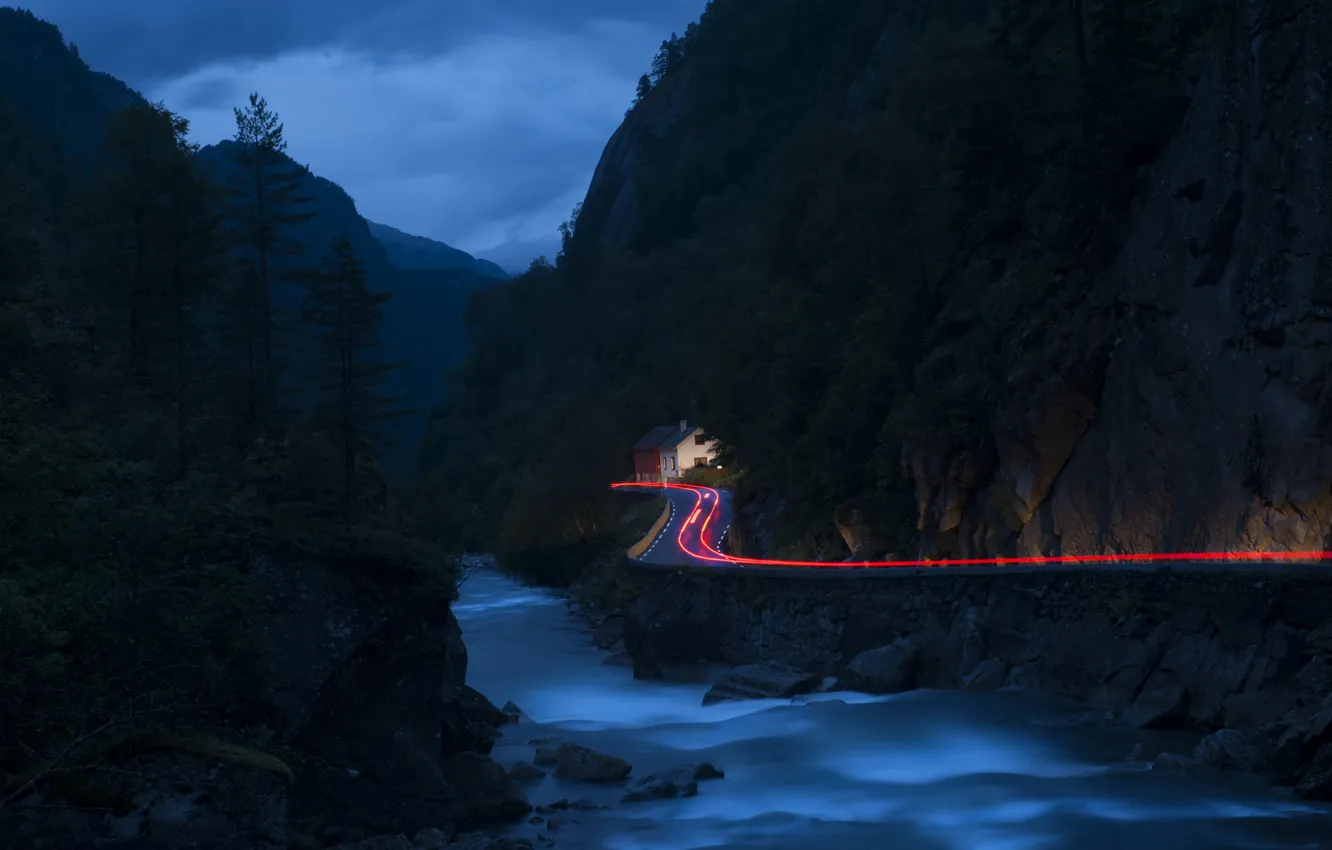 Photo wallpaper road, landscape, mountains, night, lights, river