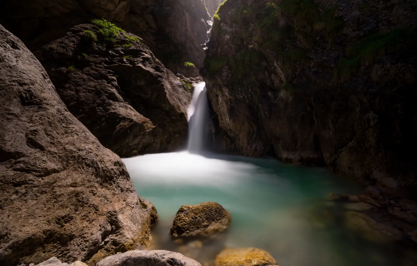 Photo wallpaper lake, stones, rocks, waterfall