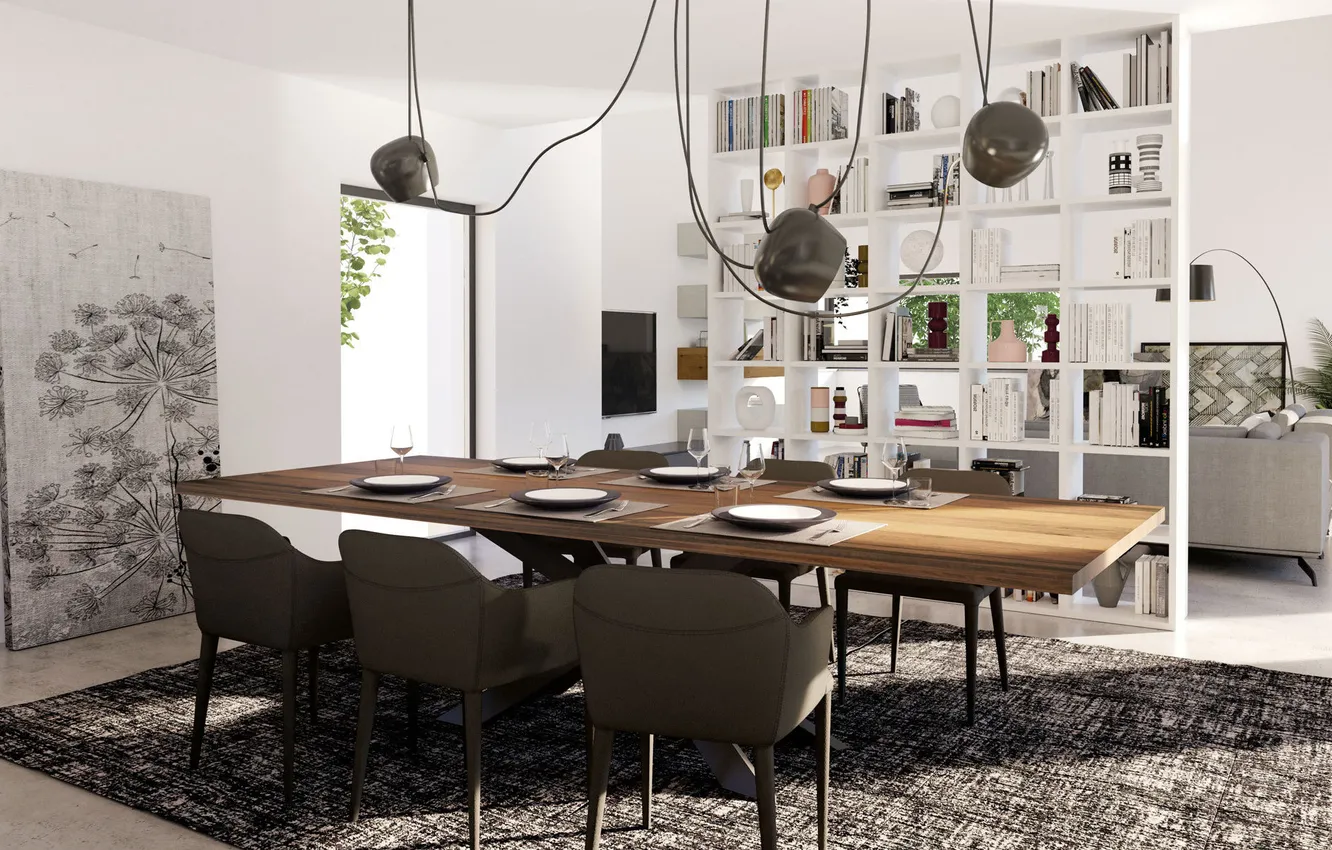 Photo wallpaper design, style, room, interior, dining room, separation of space, shelving