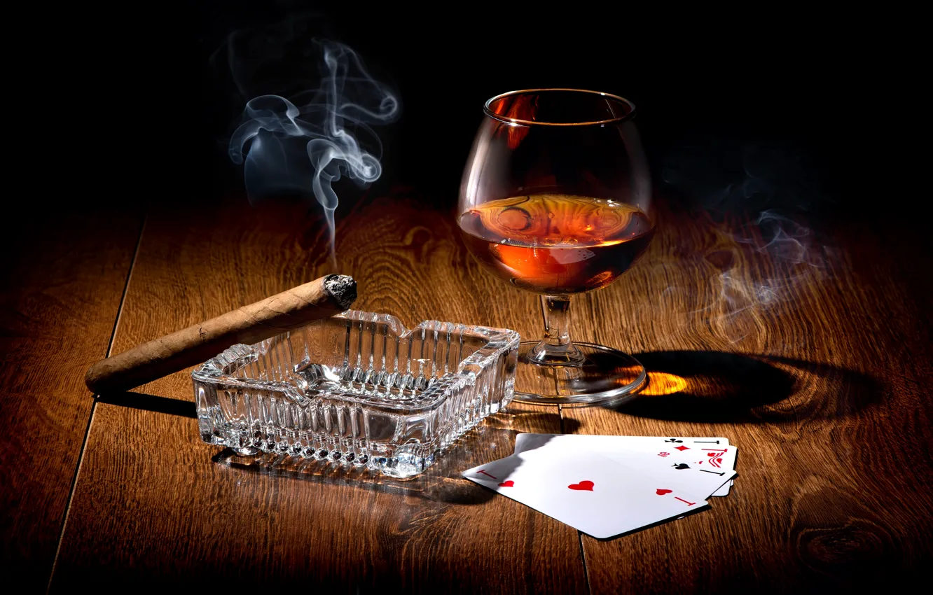 Photo wallpaper card, light, table, wine, smoke, glass, cigar, twilight