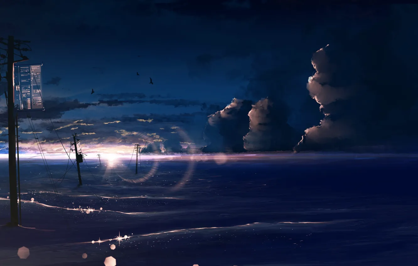 Photo wallpaper sea, the sky, bird, bokeh, power lines, Y_Y