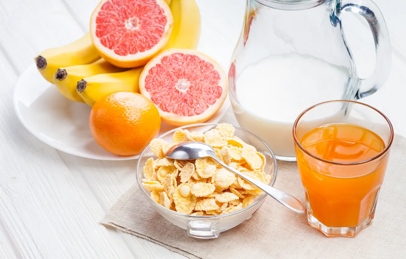 Photo wallpaper Breakfast, milk, juice, bananas, cereal