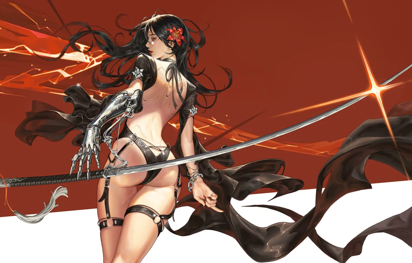 Photo wallpaper girl, sword, fantasy, science fiction, katana, sci-fi, cyberpunk, digital art