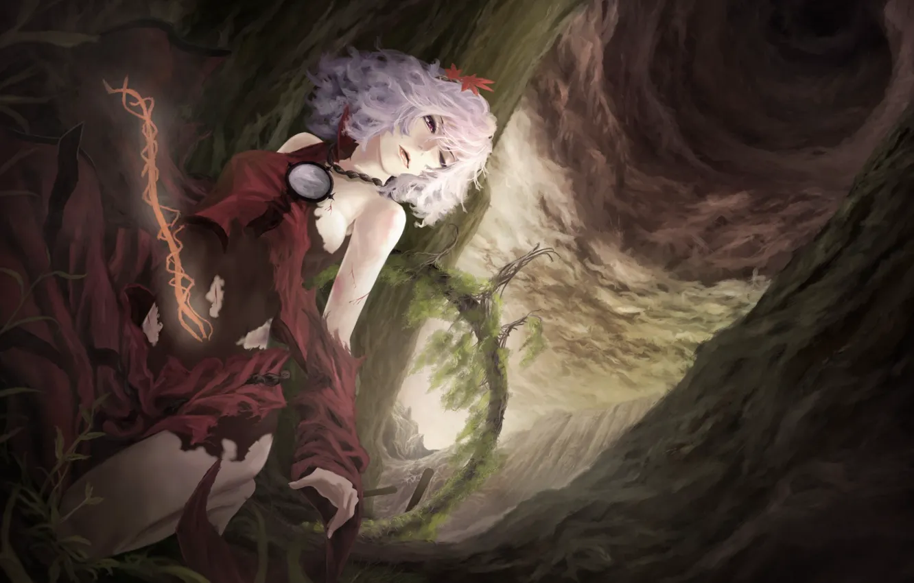 Photo wallpaper girl, the darkness, blood, touhou, art, on my knees, akaikitsune, Yasaka Kanako