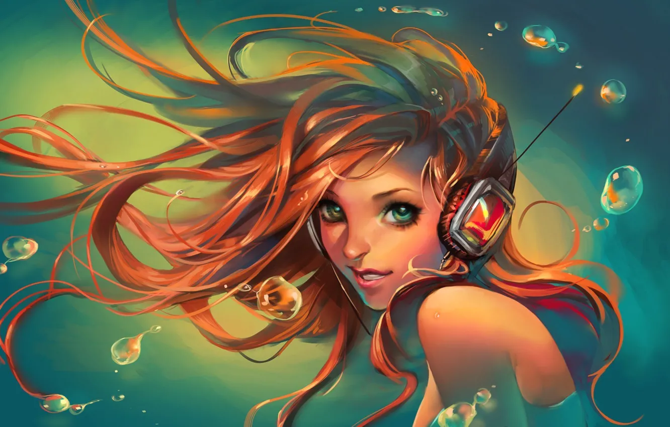 Photo wallpaper look, water, girl, smile, headphones, art, sakimichan