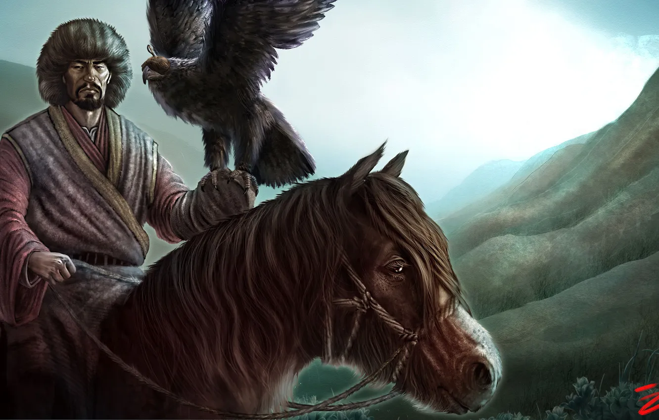 Photo wallpaper horse, hills, bird, art, rider, Falcon, Mongol, nomad