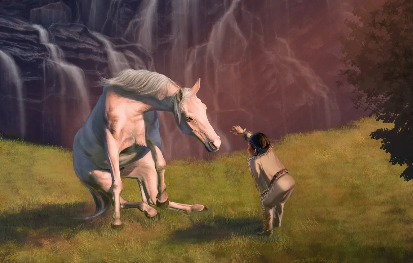 Photo wallpaper grass, nature, children, rocks, horse, horse, the game, waterfall