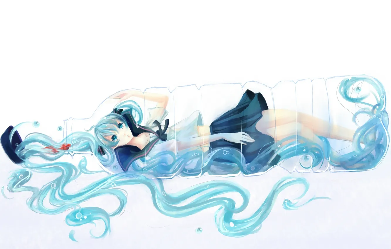 Photo wallpaper girl, fish, hair, bottle, art, form, schoolgirl, vocaloid